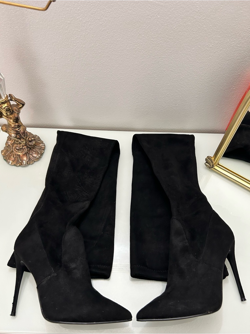 Steve Madden Black Suede Pointed-Toe Stiletto Knee Boots